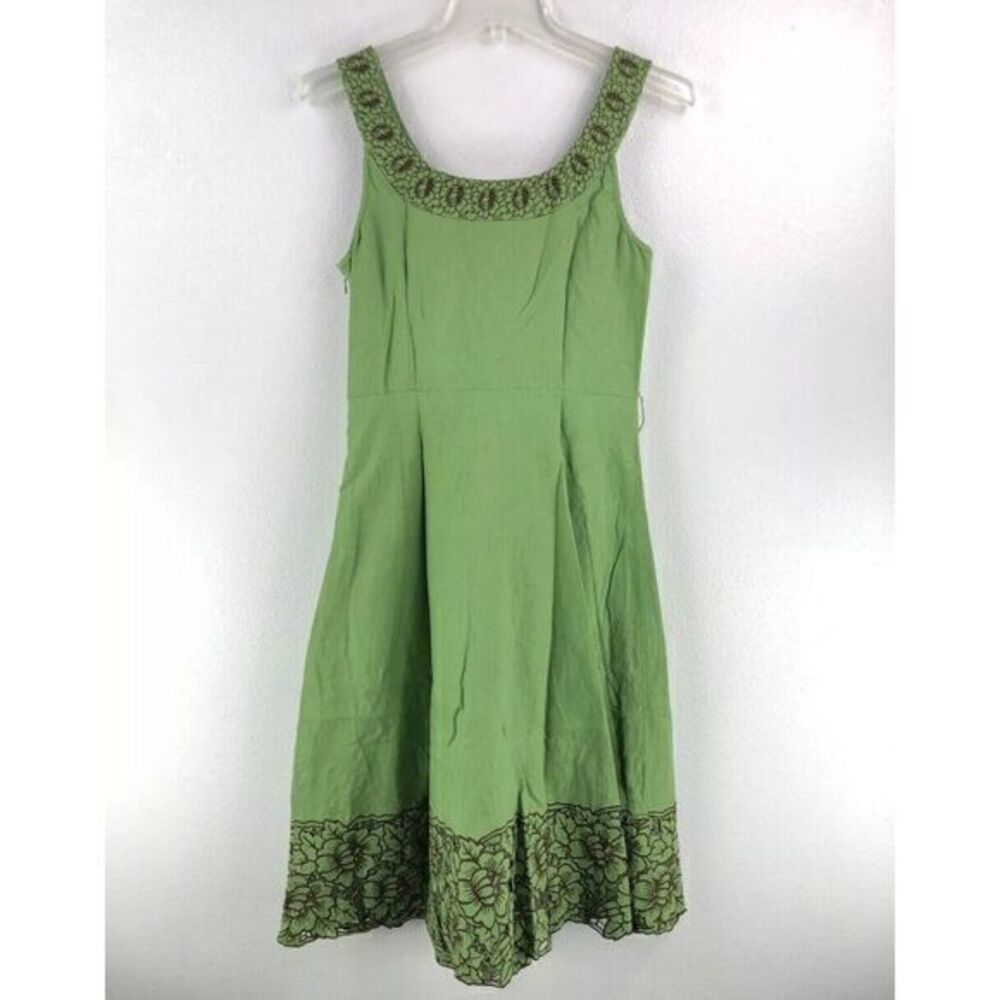 Linen Dress Lime Green Floral Cutout Hem Embroidered 6 Boho Summer Graduation Y2